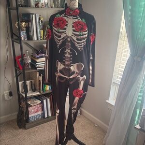 Skeleton Print Jumpsuit with Red Roses